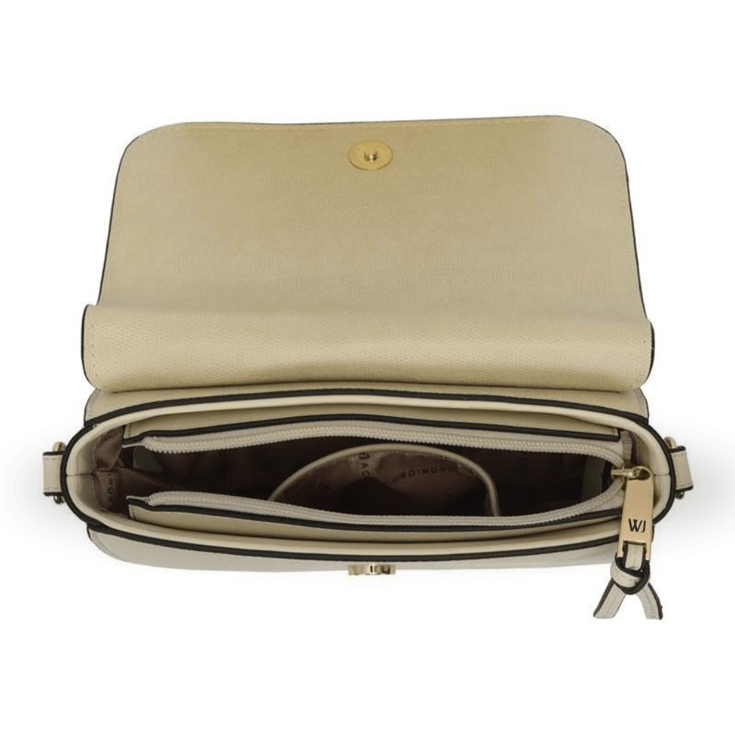 Interior da bolsa WJ Off White exibindo bolsos internos e forro com logo